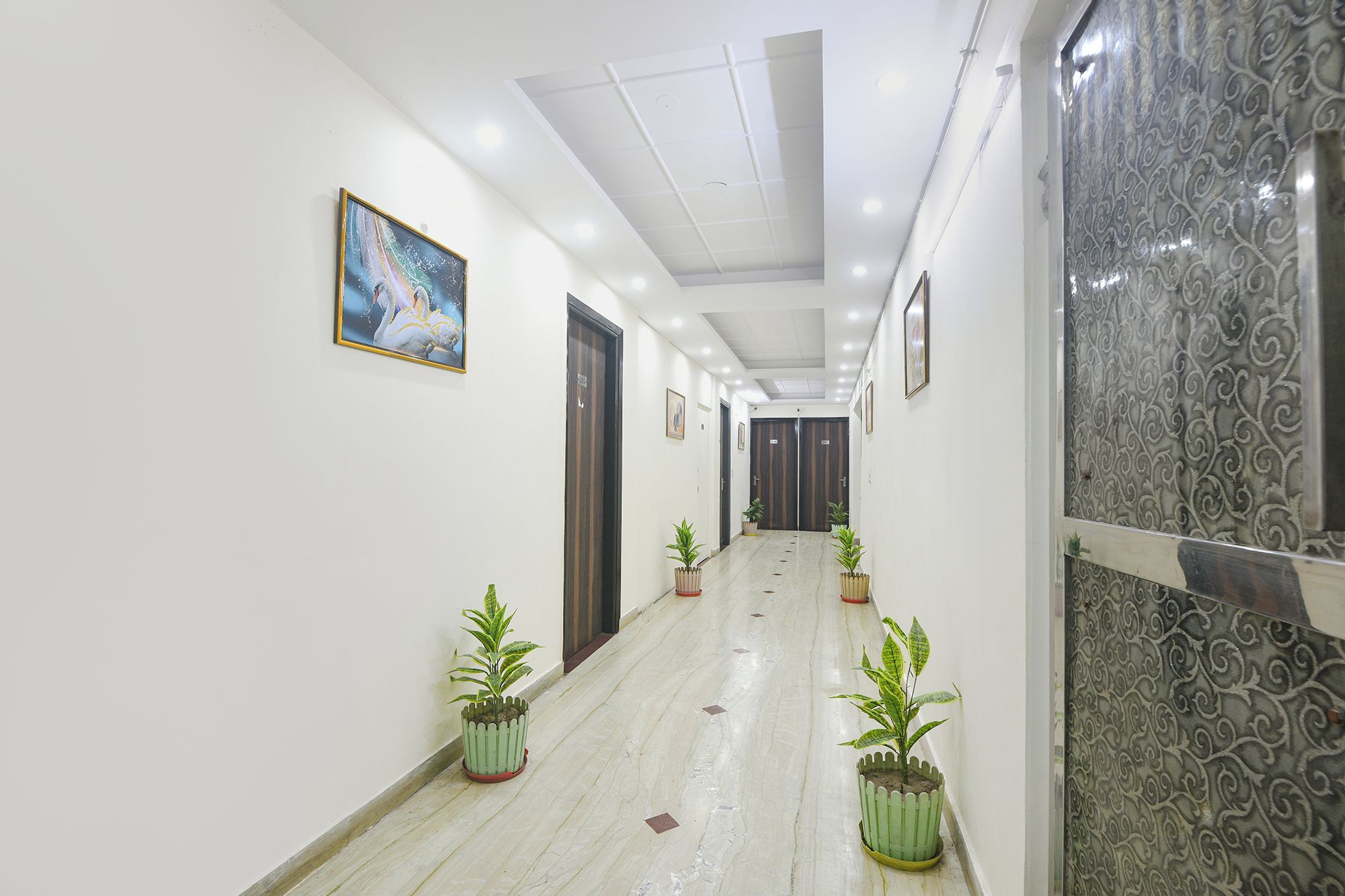 Un passadís amb terra de marbre, plantes en testos i portes que donen a diferents habitacions.