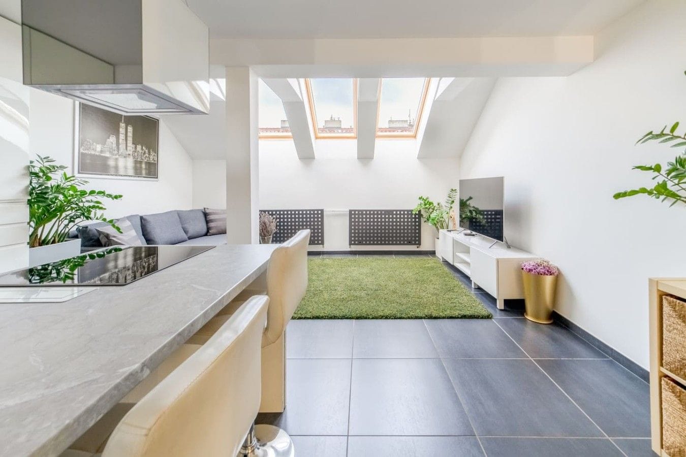 An interior with a dining area, a seating area with a sofa, a small green space, and a TV.
