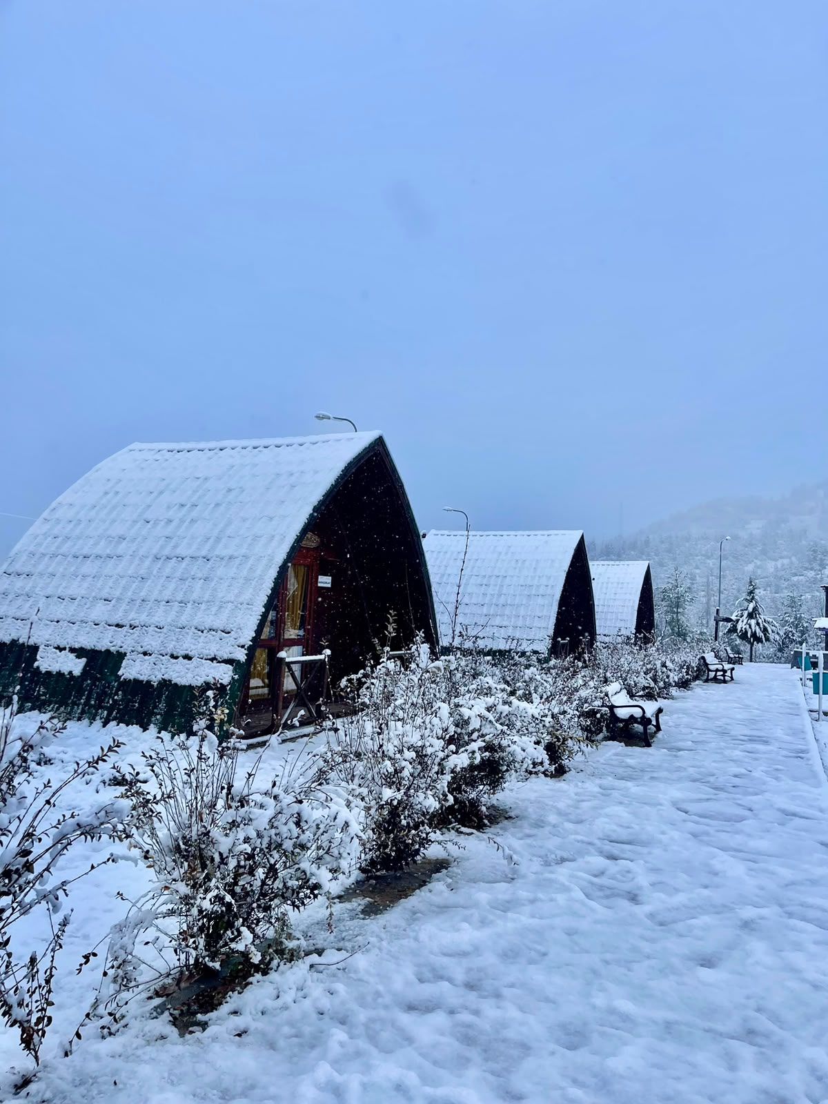 A snow-covered landscape with a series of buildings featuring curved roofs, a pathway, and benches.