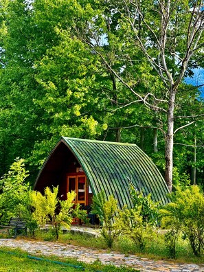 A cabin with a green roof, surrounded by lush greenery and trees.