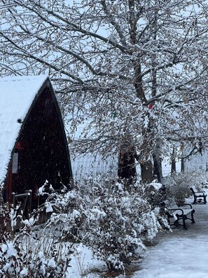 A snow-covered outdoor area with a building, benches, and snow-laden trees.