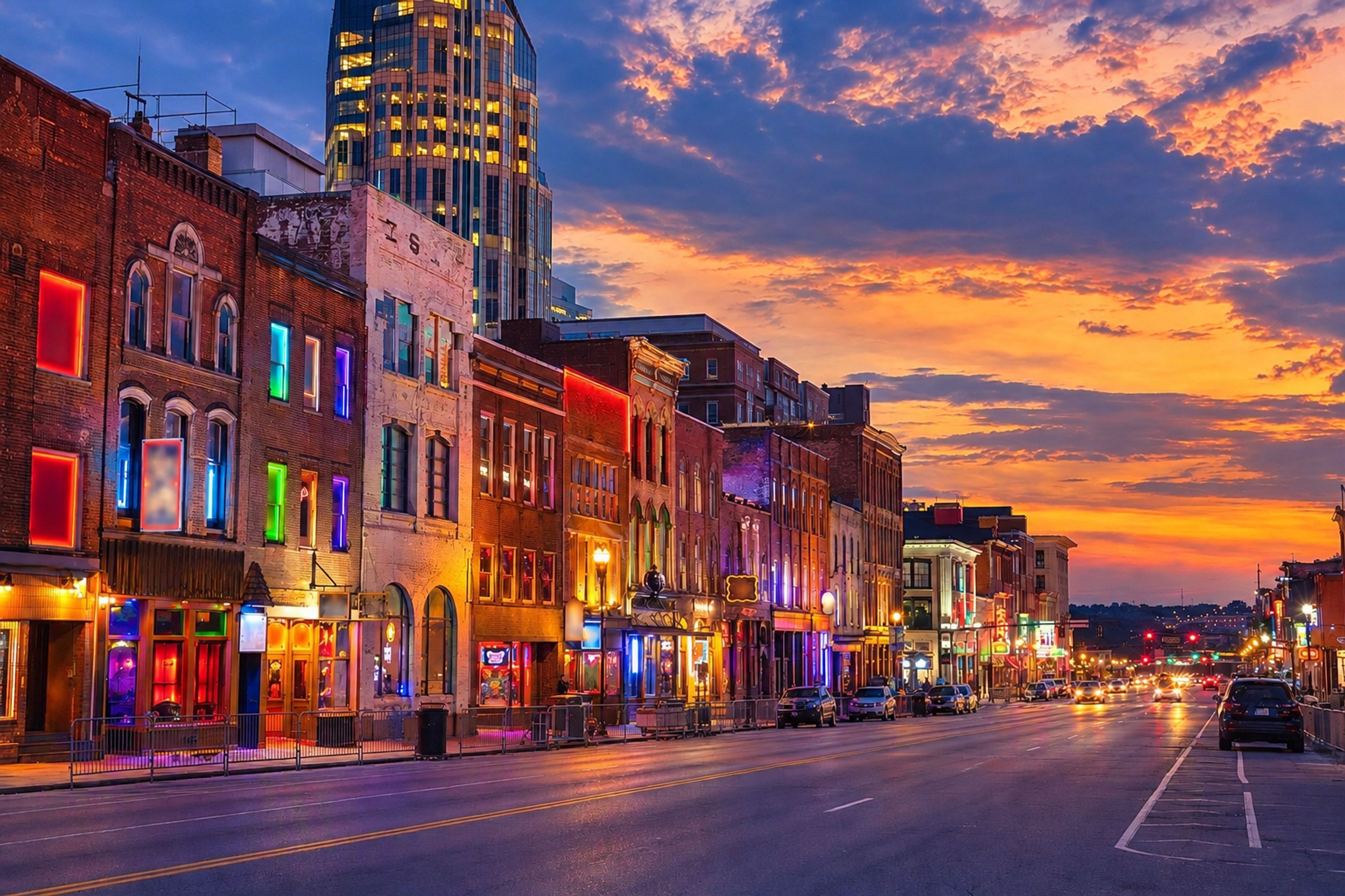 A street lined with historic buildings at dusk, featuring illuminated storefronts and a modern skyscraper in the background.