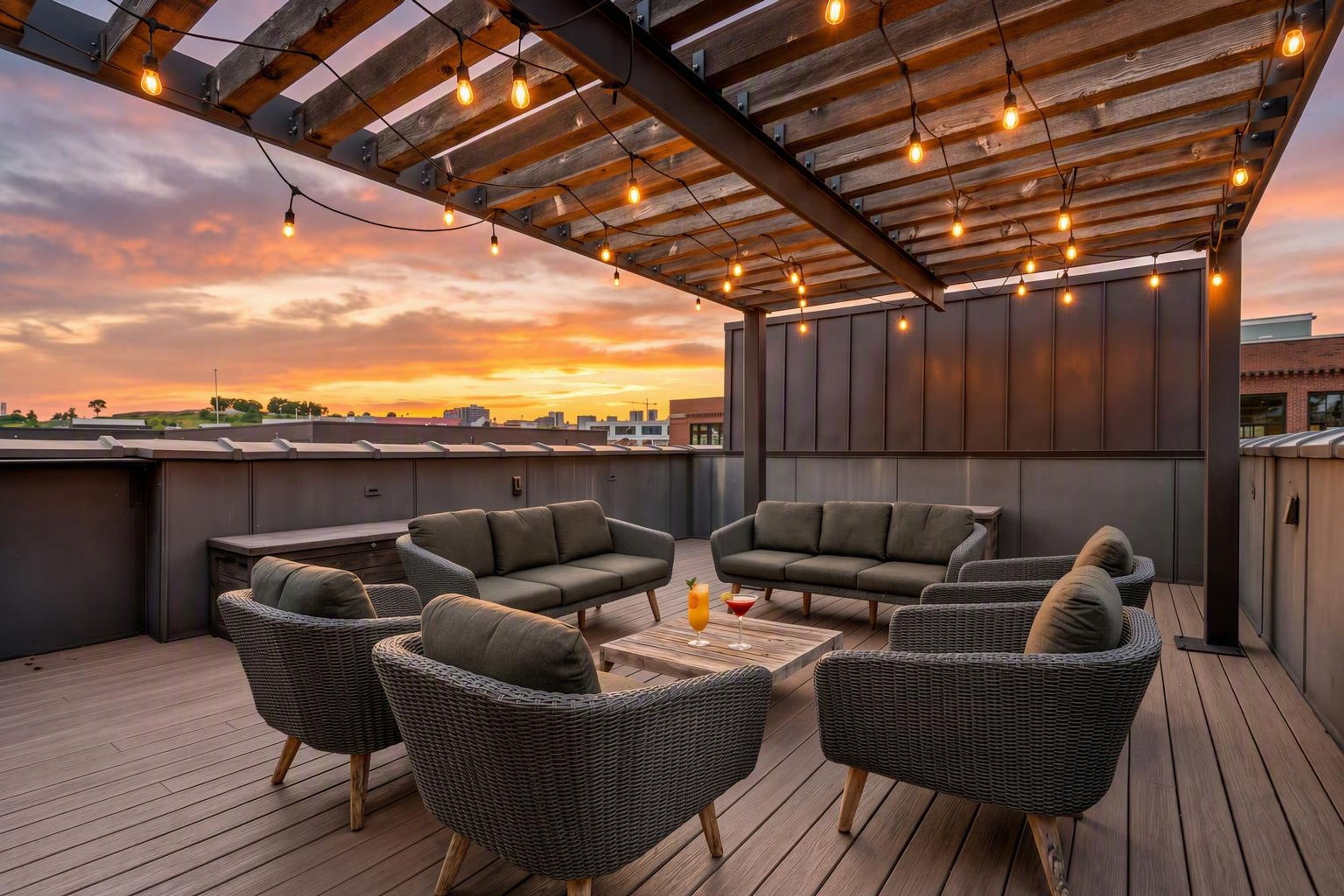 A rooftop terrace with wicker furniture, a wooden table, and string lights.
