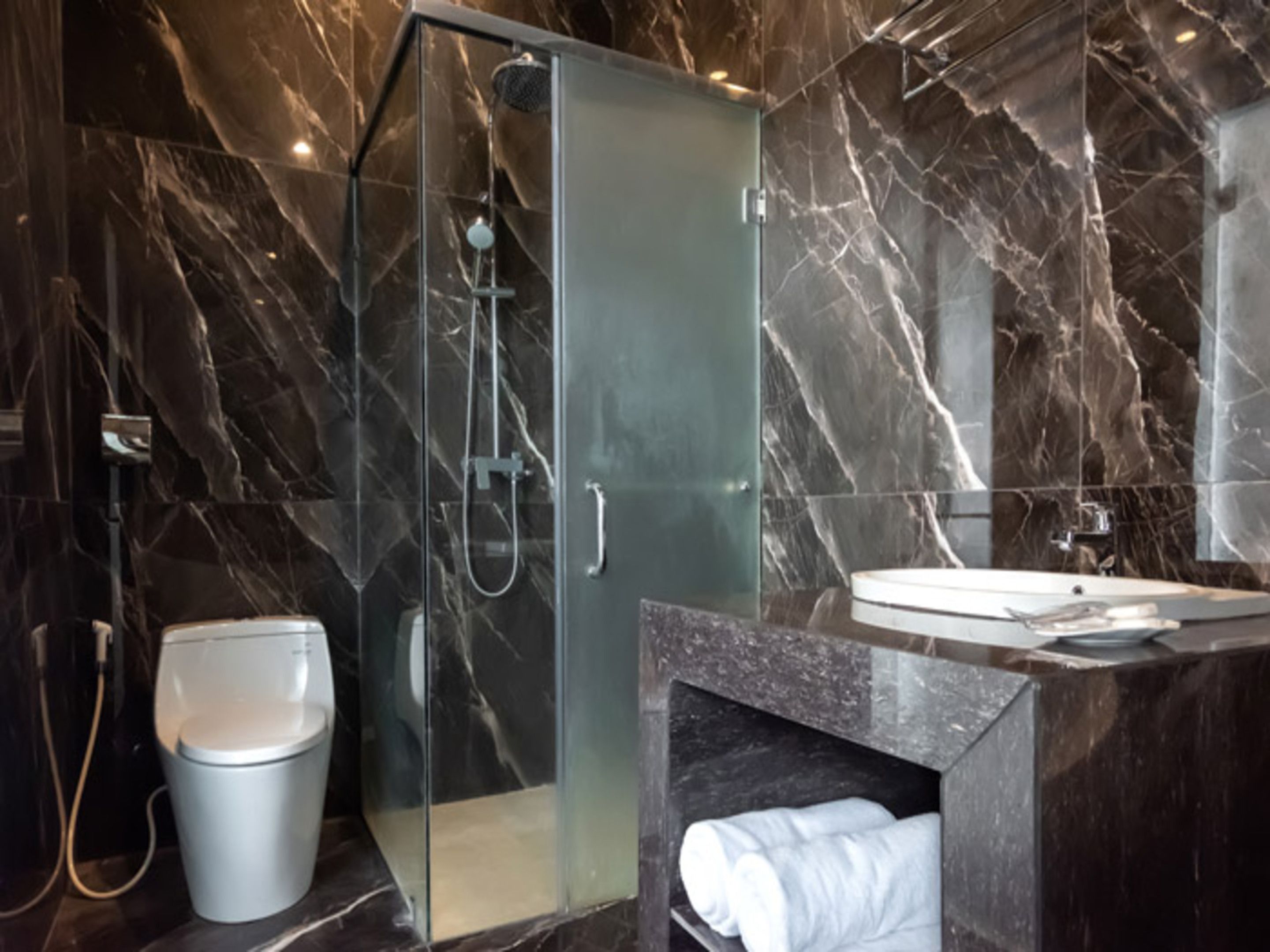 Un baño moderno con ducha envuelta en vidrio, inodoro y lavamanos con encimera de mármol.