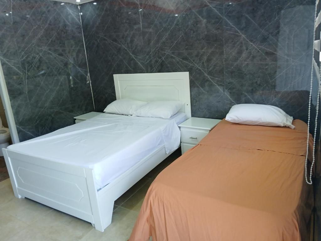 A bedroom with two beds, a white headboard, and a marble wall.