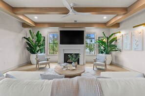 A living room with a fireplace, a television, and two large potted plants. - Mangrove Estate - Brand New High End Home! (Anna Maria)