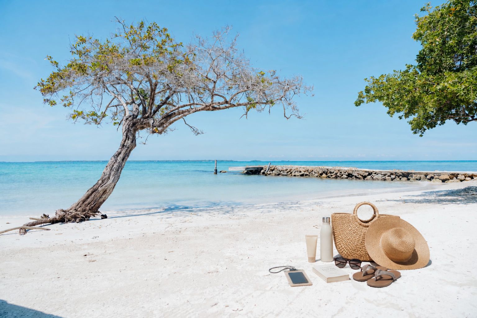 A beach scene with a tree, a sandy shore, and a calm sea.