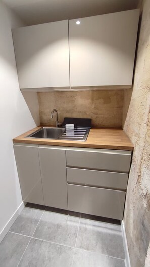 A compact kitchen with a built-in sink, wooden countertop, and grey cabinets. - Studio on patio in Chartrons (Bordeaux)