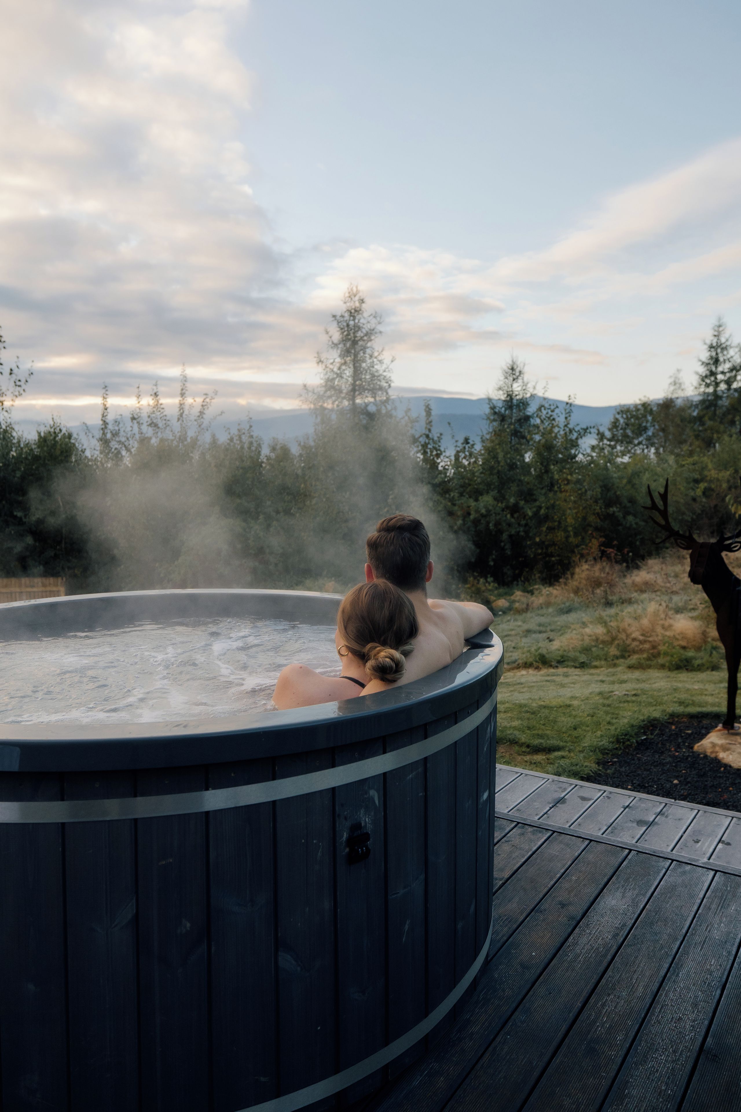 Een jacuzzi met twee personen erin, omringd door een terras en een natuurlandschap met bomen en een hert op de achtergrond.