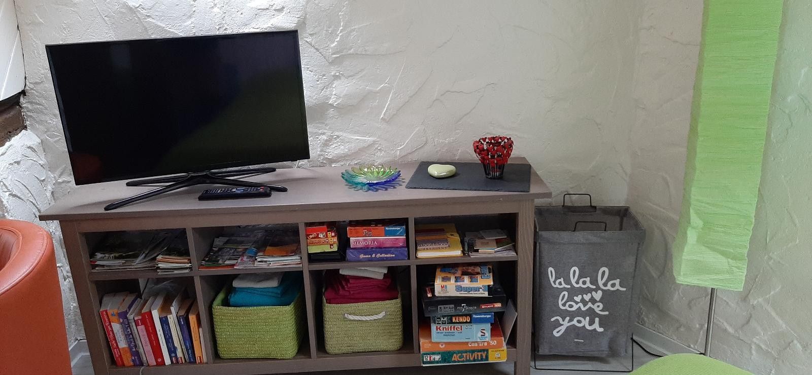 Een televisie op een plank, een kleine decoratieve schaal, een rode bloemstelling en een opbergunit met gelabelde bakken.