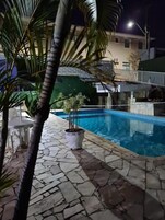 Una piscina con solárium de losas de piedra, rodeada de macetas con plantas y una palmera.