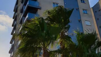 A multi-story building with balconies and windows, surrounded by palm trees.