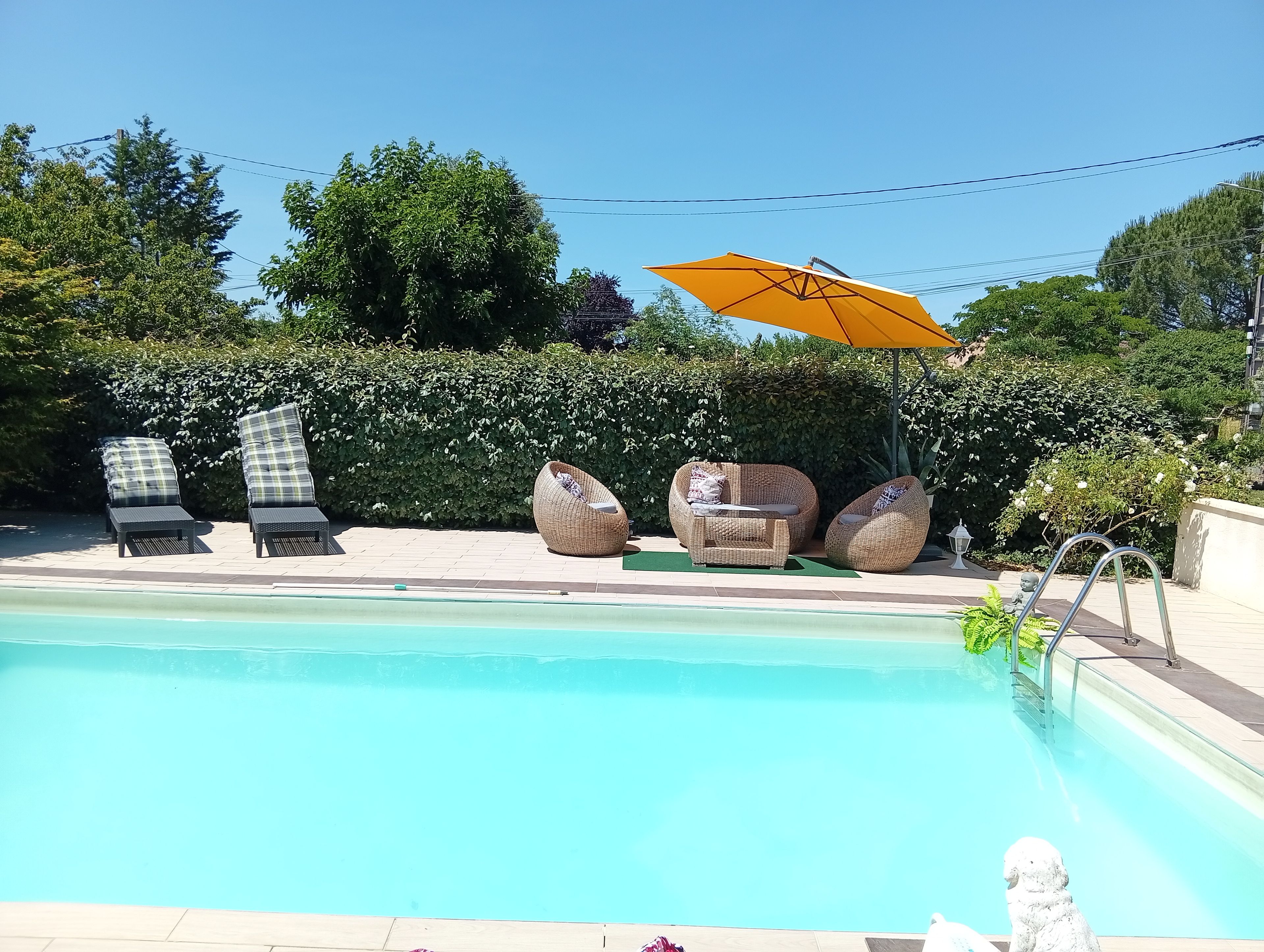 Une piscine entourée de verdure, avec des chaises longues et un fauteuil en osier.