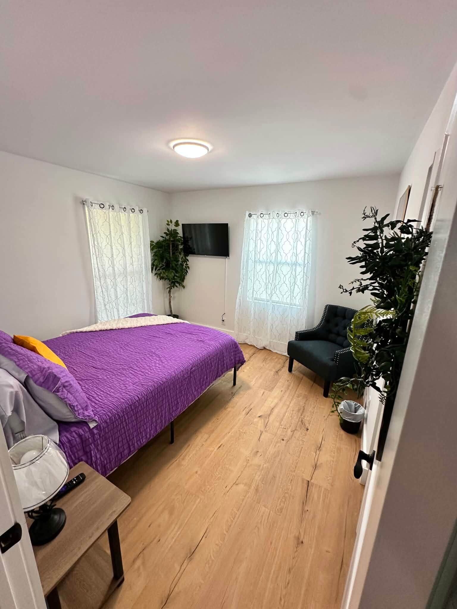 Un dormitorio con una cama, un escritorio, una silla, un televisor y una planta en maceta.