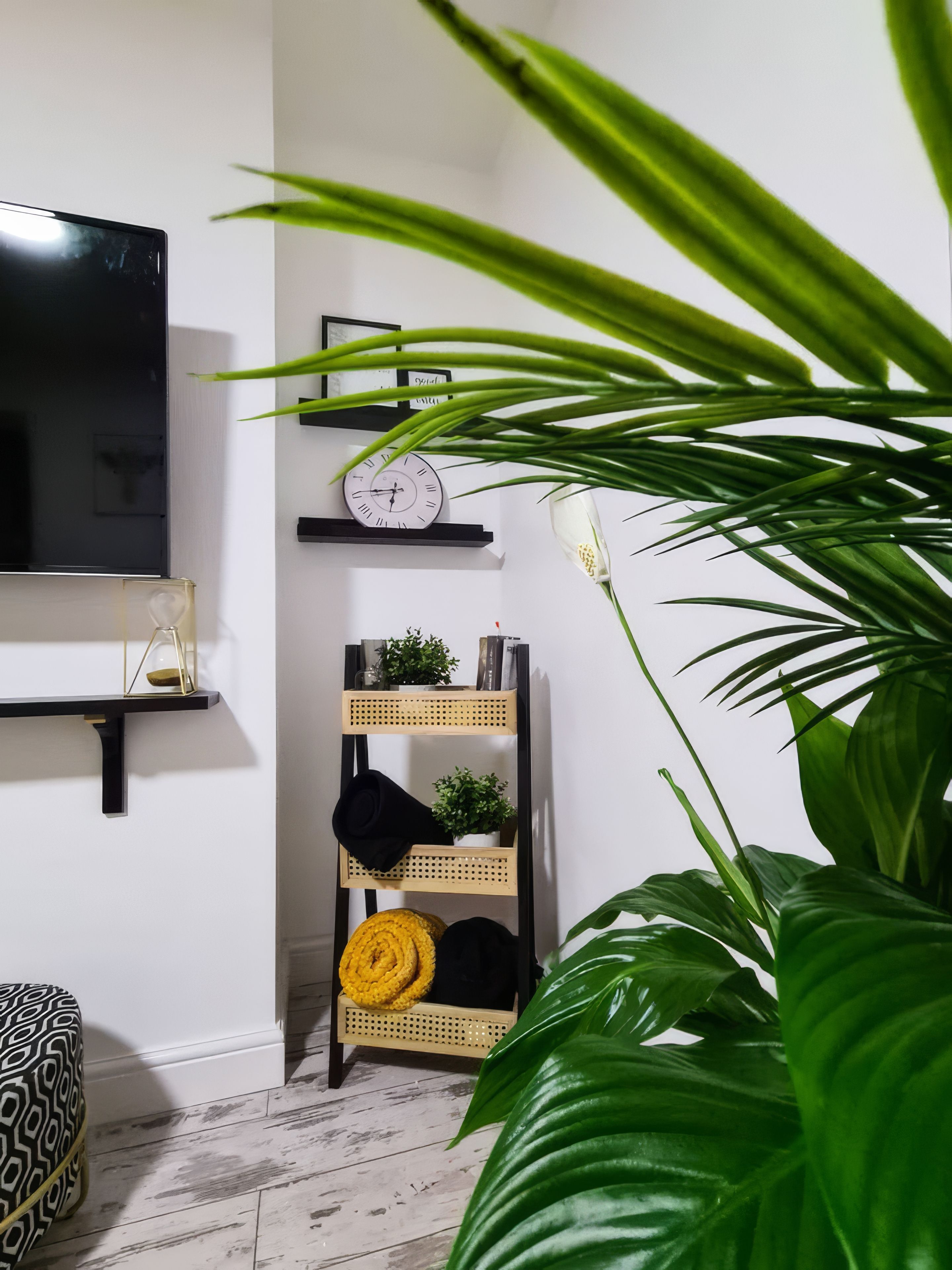 Une pièce dotée d’un téléviseur à écran plat fixé au mur, d’une étagère en bois ornée d’objets décoratifs, d’une horloge et d’une plante en pot.