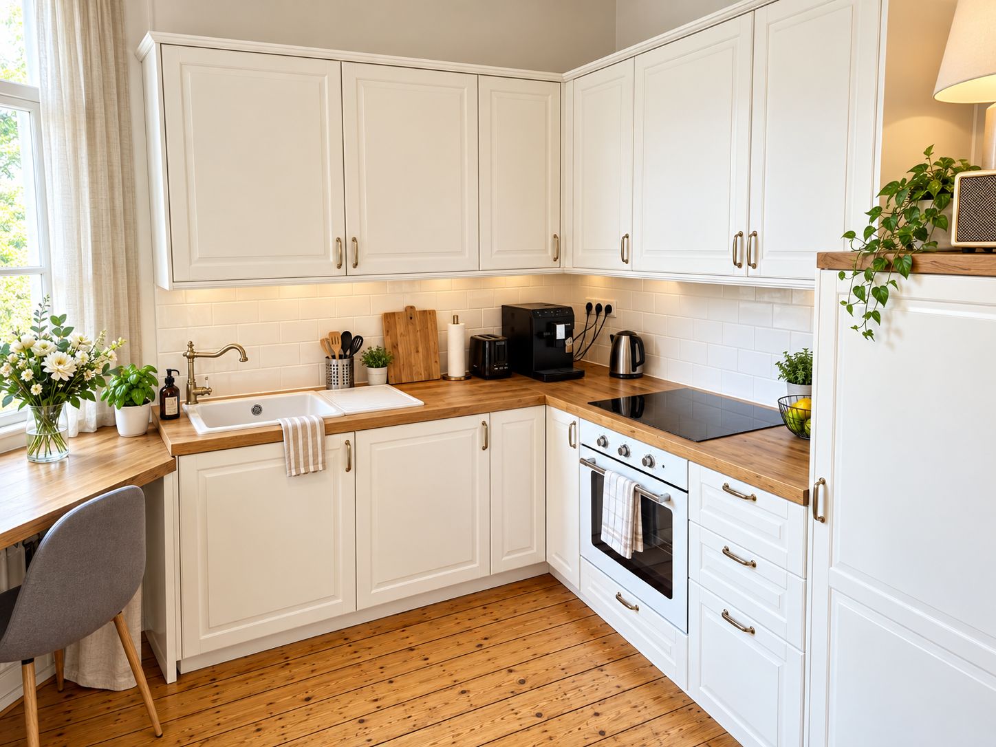 A kitchen with white cabinets, a wooden countertop, a sink, a stove, and a window with curtains.