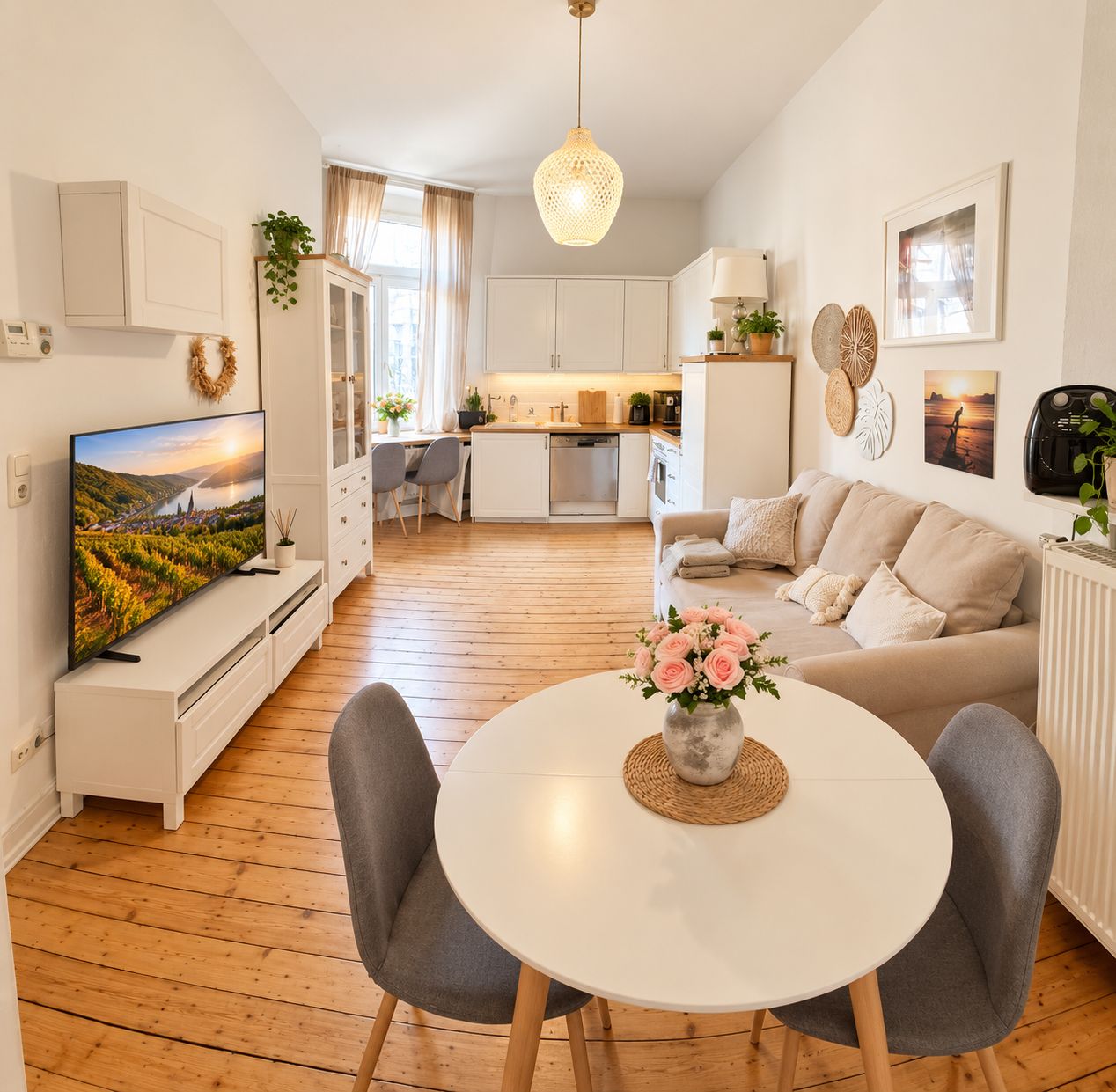 A modern living room with a television, a round dining table, and a sofa.