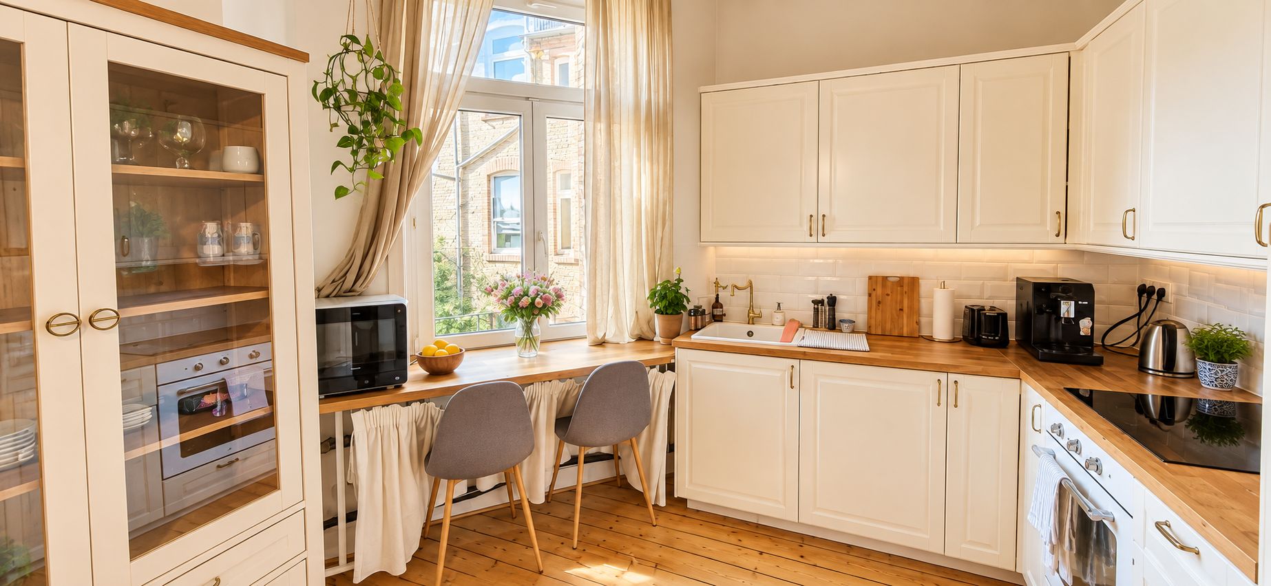 A kitchen with white cabinets, a wooden countertop, a stove, a microwave, and a window with curtains.