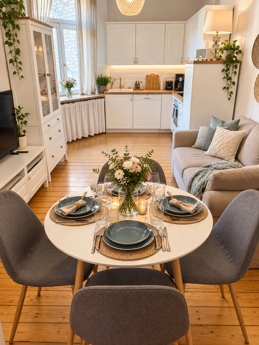 A modern living room with a dining area set for a meal, featuring a sofa, a TV, and a kitchen in the background.