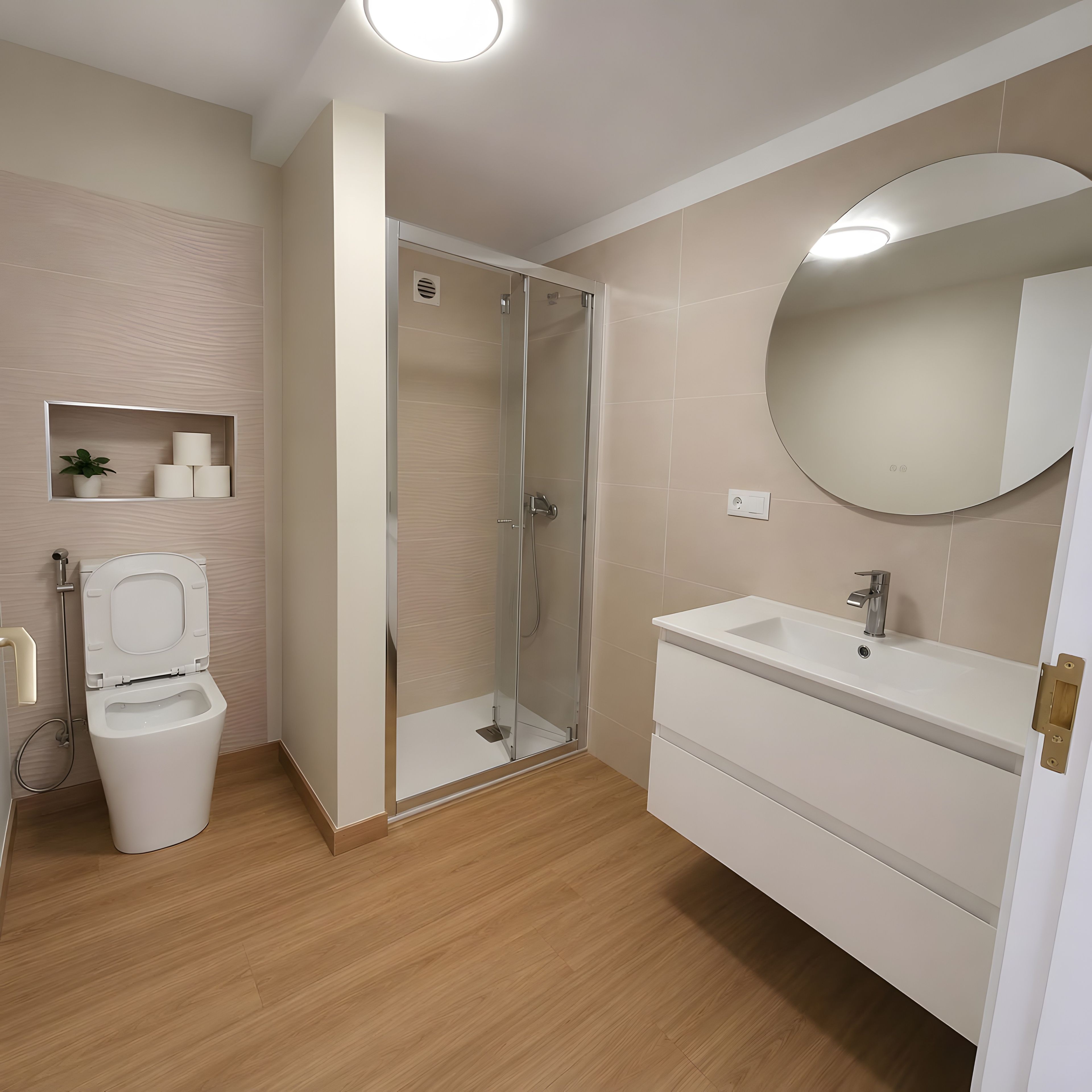 A modern bathroom with a toilet, a glass-enclosed shower, a sink, and a mirror.