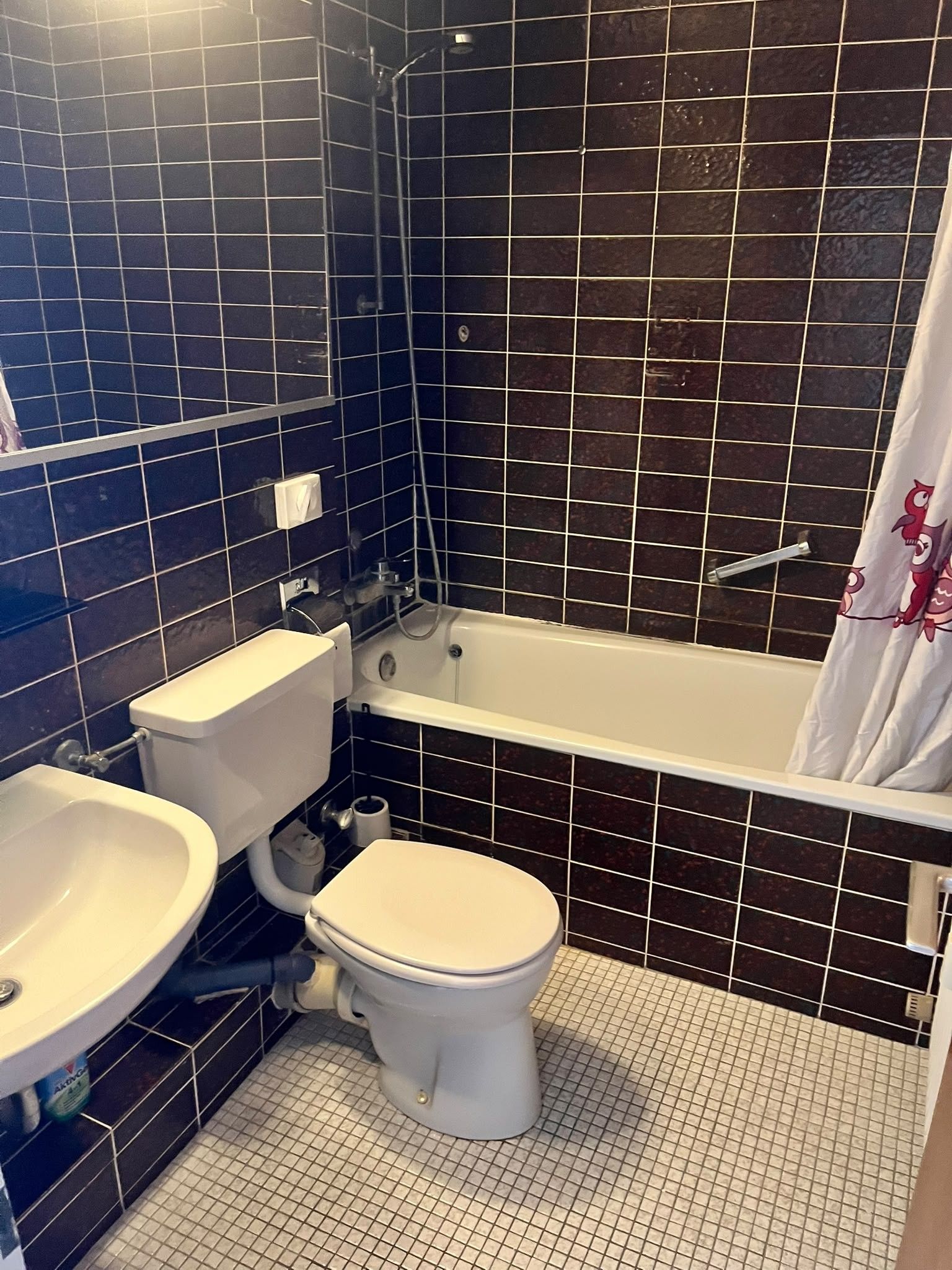 A bathroom with a toilet, sink, and bathtub.