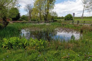 A pond surrounded by lush greenery and a wooden fence. - Luxurious Spacious Countryside House | Big Jacuzzi & Gym (Bristol)