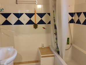 A bathroom with a white toilet, a shower with a handheld showerhead, and a towel rack. - Studio in the countryside with a view of the Pyrenees. (Castillon-de-Saint-Martory)