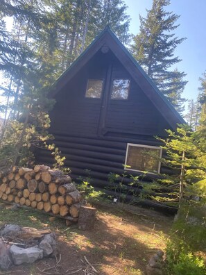 Eine Blockhütte mit einem dreieckigen Dach, einem kleinen Fenster und einem Holzstoß davor.