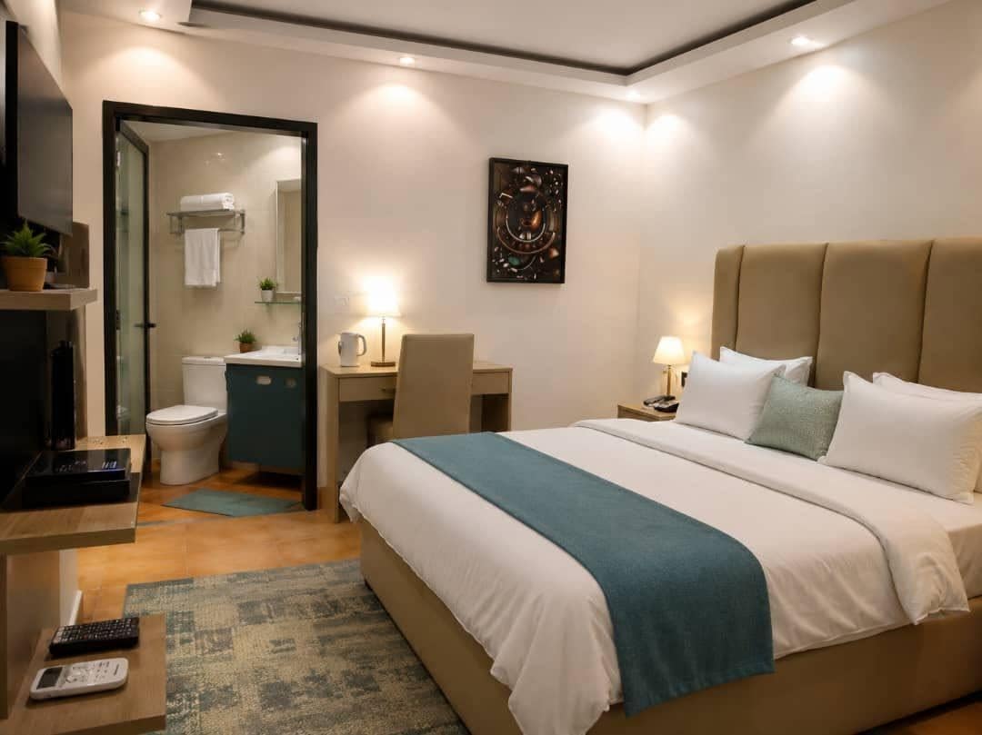 Una habitación de hotel con cama, escritorio, silla, televisor y baño.