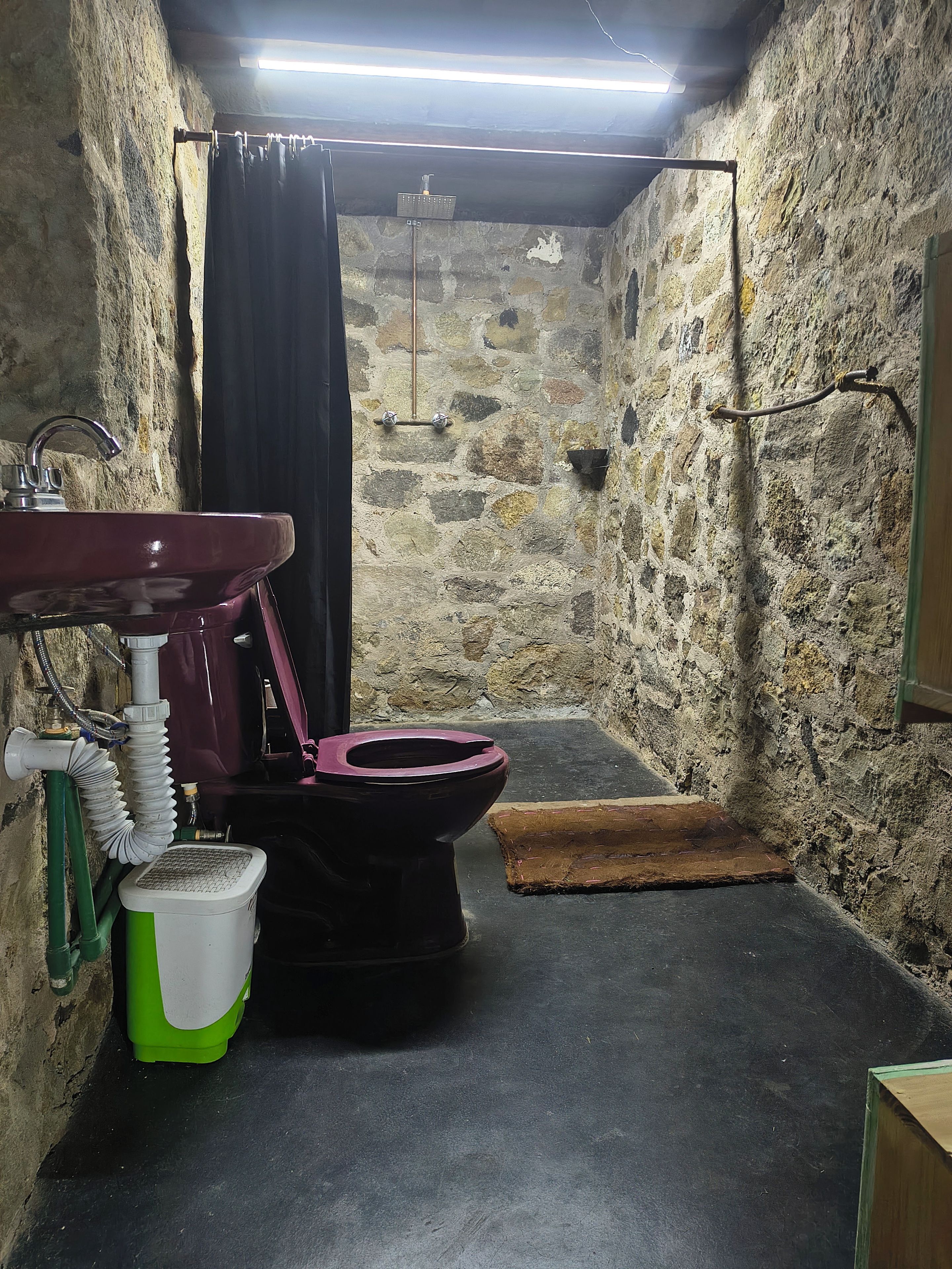 Une petite salle de bain aux murs en pierre, équipée d’un lavabo, de toilettes et d’une douche.