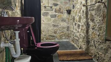 Une petite salle de bain aux murs en pierre, équipée d’un lavabo, de toilettes et d’une douche.