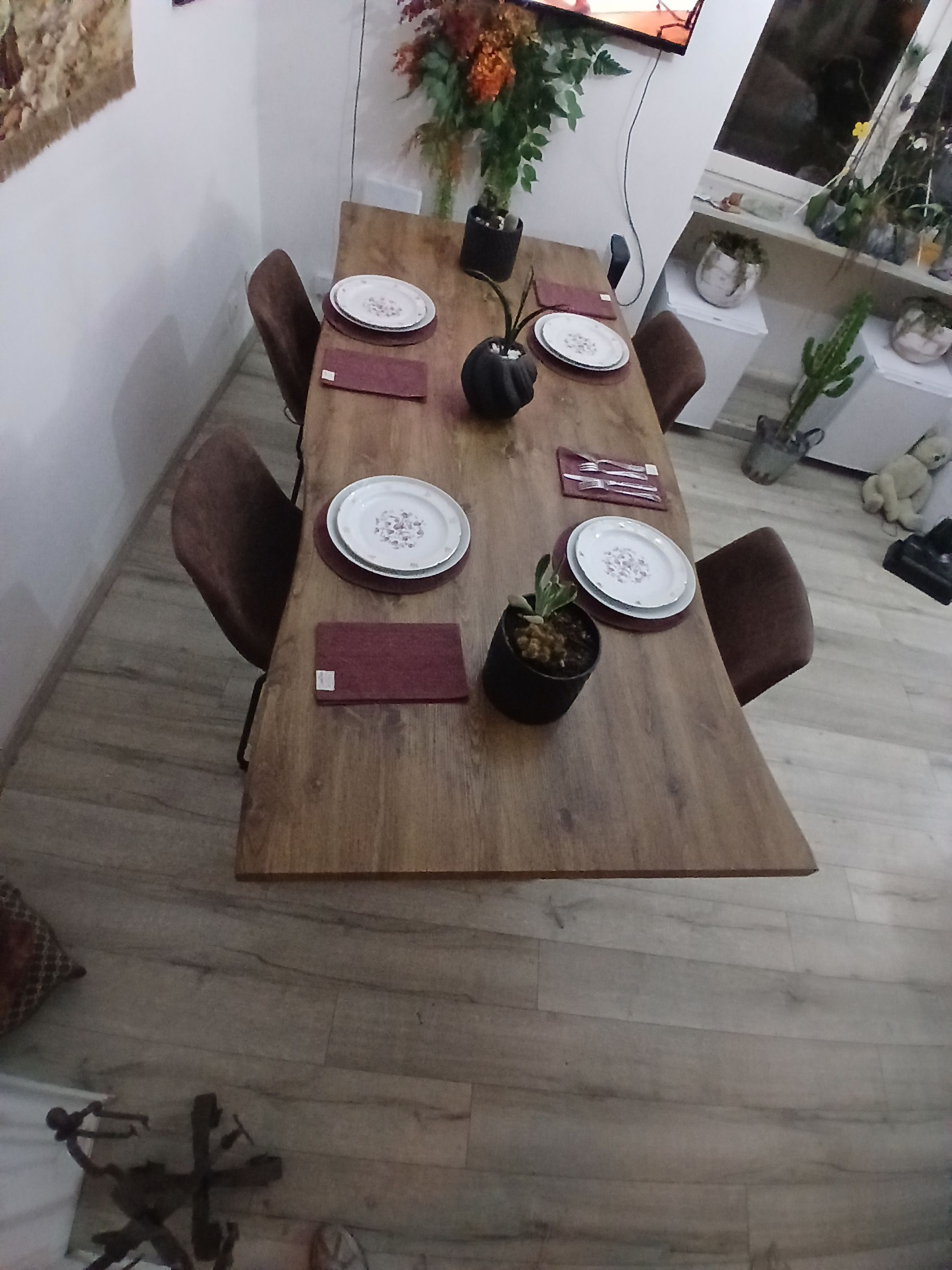 A dining table set for four with plates, cutlery, and a small potted plant.
