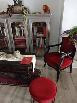 Ein gemütliches Wohnzimmer mit Kamin, Bücherregal, einem roten Sessel und einem kleinen Tisch mit einem roten Buch.