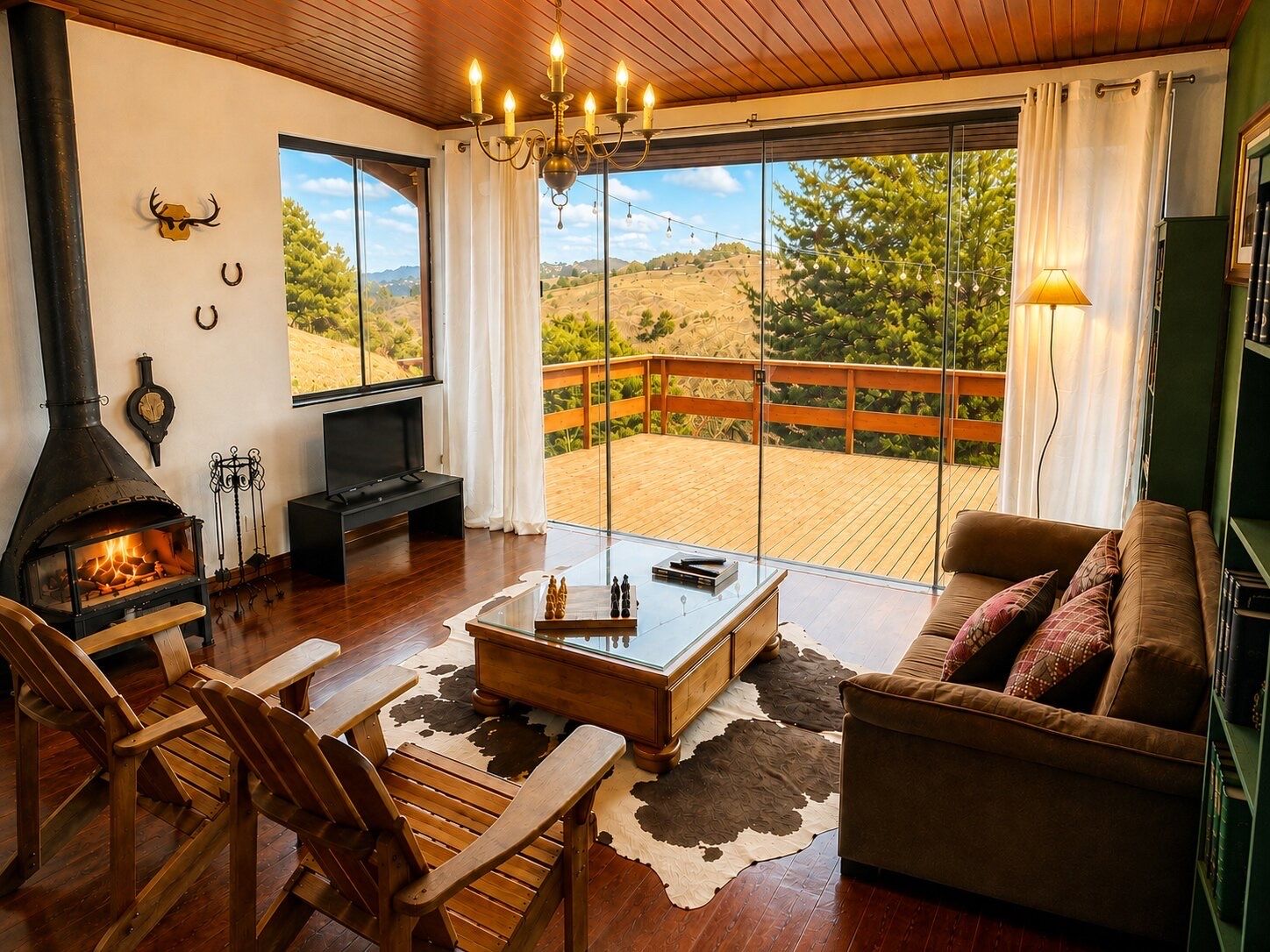 Uma sala de estar acolhedora, com lareira, um sofá, uma mesa de centro e uma televisão.