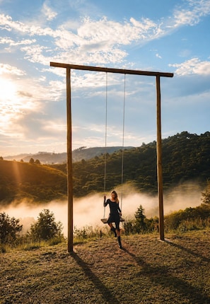A person on a swing in a natural setting with a clear sky and misty background.