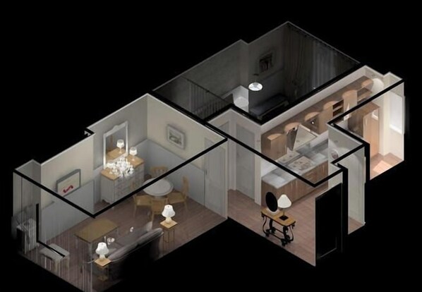 Plano de planta en 3D de una habitación de hotel con zona de comedor, sala de estar y dormitorio.