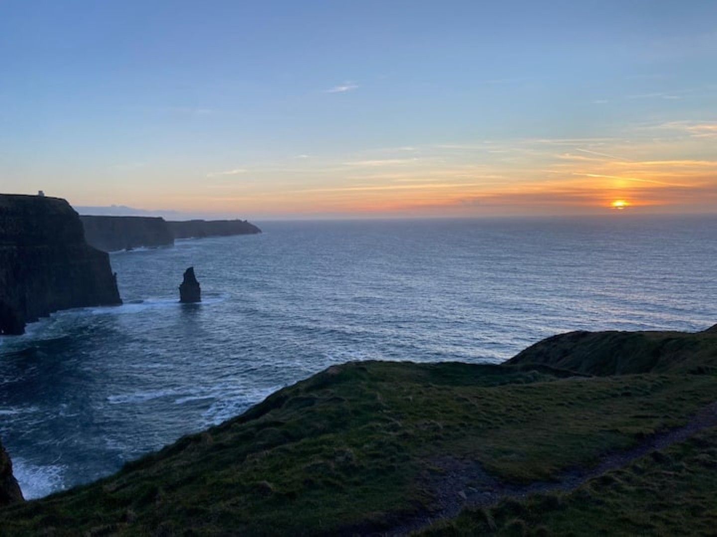 A coastal landscape with cliffs and the ocean during sunset.