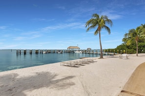 A beach with a clear view of the water, a pier extending into the sea, and a thatched-roof structure. - Islamorada Townhouse - Sunsets, Beach & Sparkling Pool! (Islamorada)