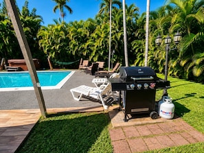 Ein Poolbereich mit Grill, Liegestühlen und Whirlpool.
