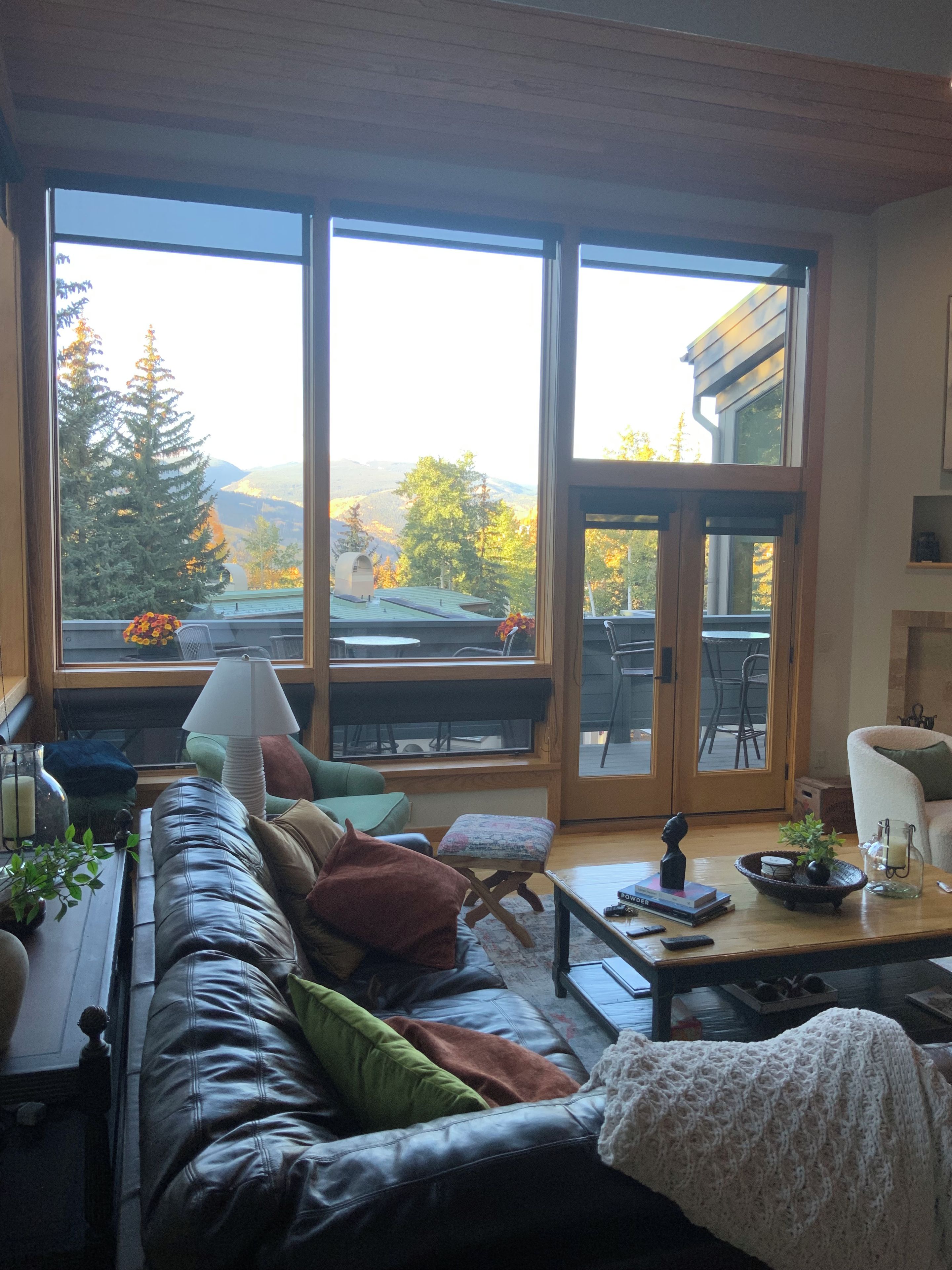 A living room with a leather sofa, a coffee table, and a view of a mountain landscape through large windows.