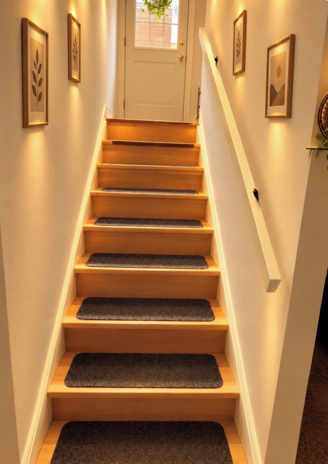 A staircase with wooden steps and dark mats at the bottom.