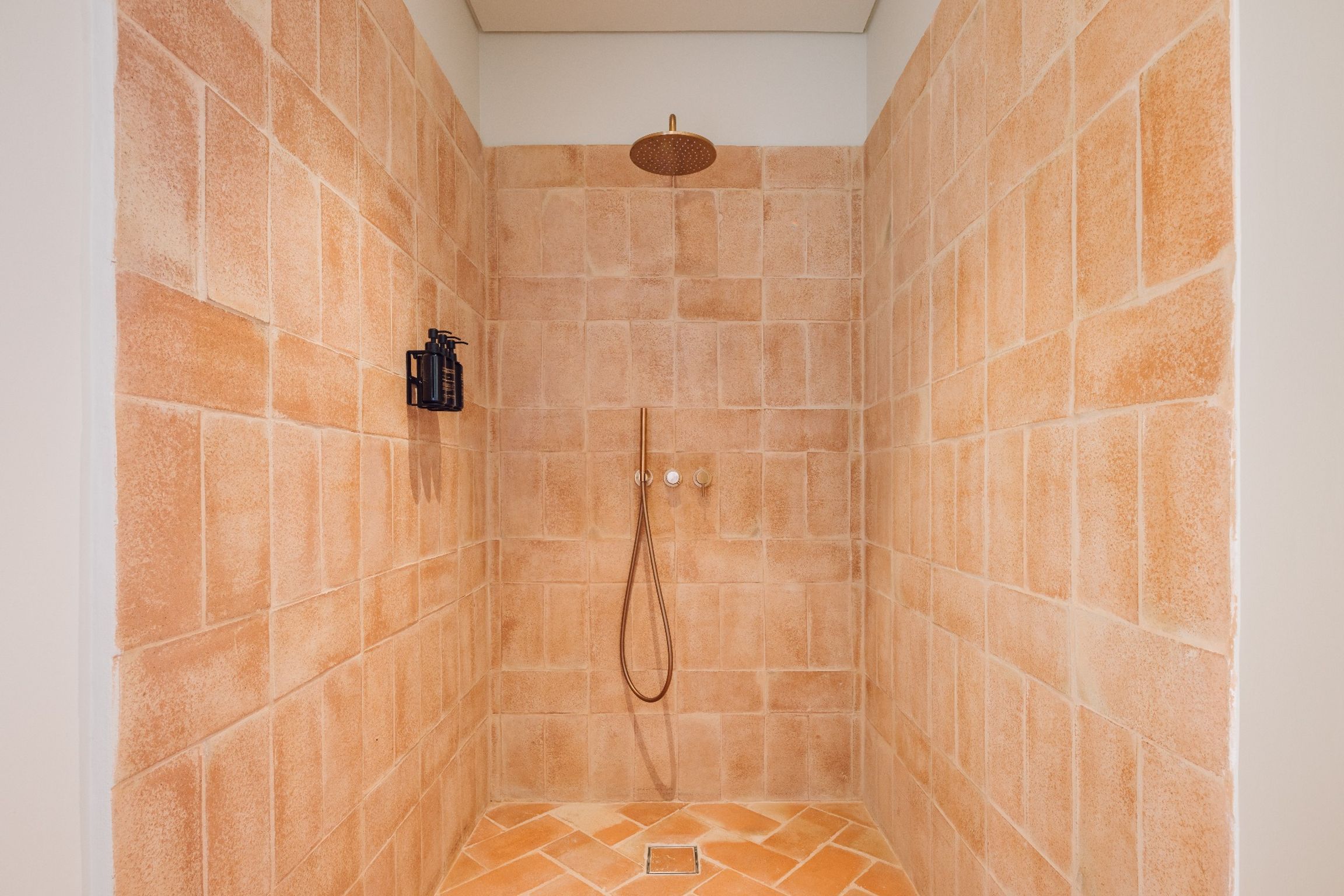 A shower with a handheld showerhead and a wall-mounted faucet.