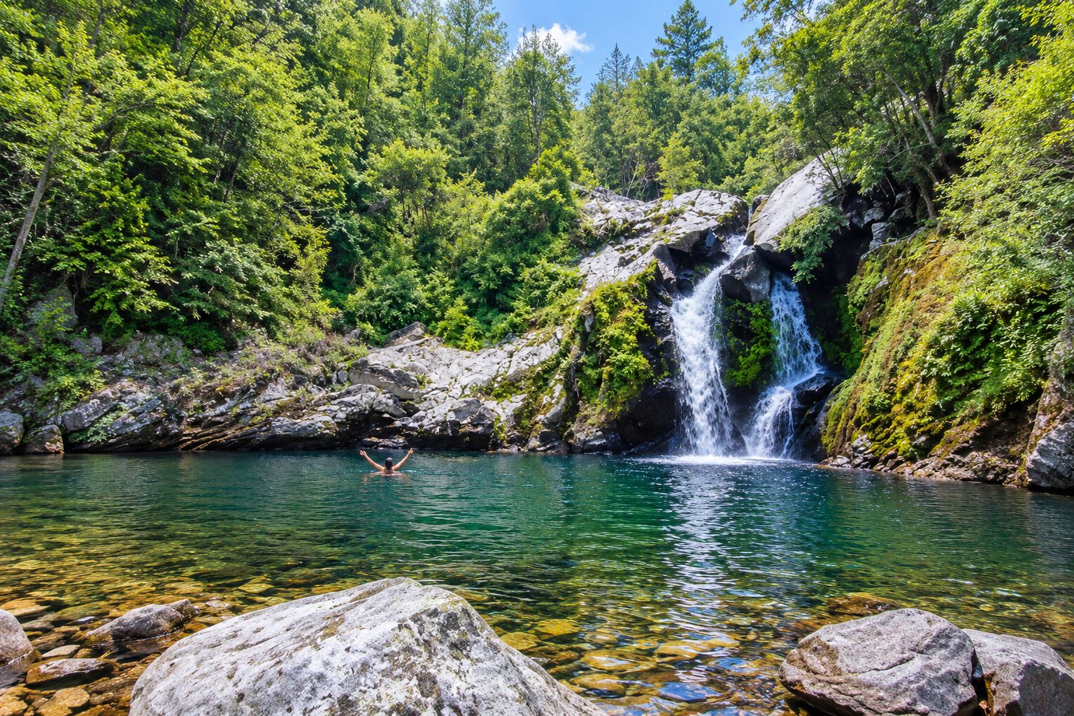 Un paysage naturel comprenant une cascade, de l’eau claire et une végétation luxuriante.
