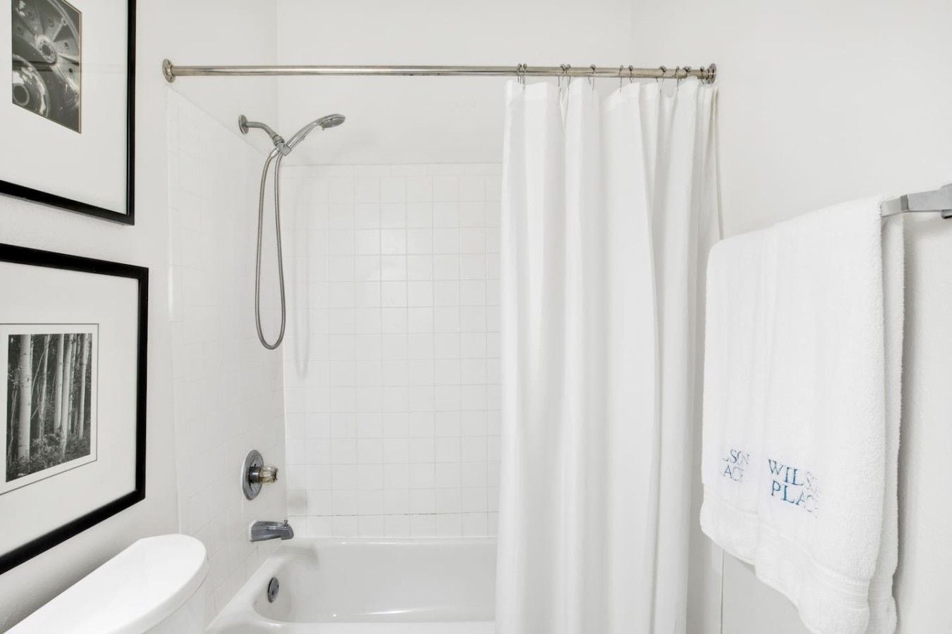 Un baño con bañera, ducha, inodoro y cuadros en la pared.