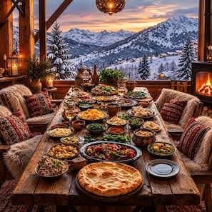 A wooden dining table set with various dishes and a fireplace in the background.