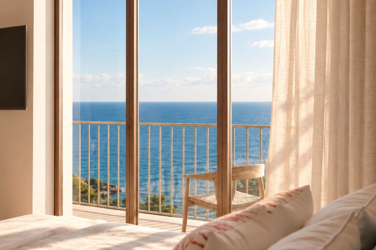 A bedroom with a large sliding glass door leading to a balcony with a view of the sea.