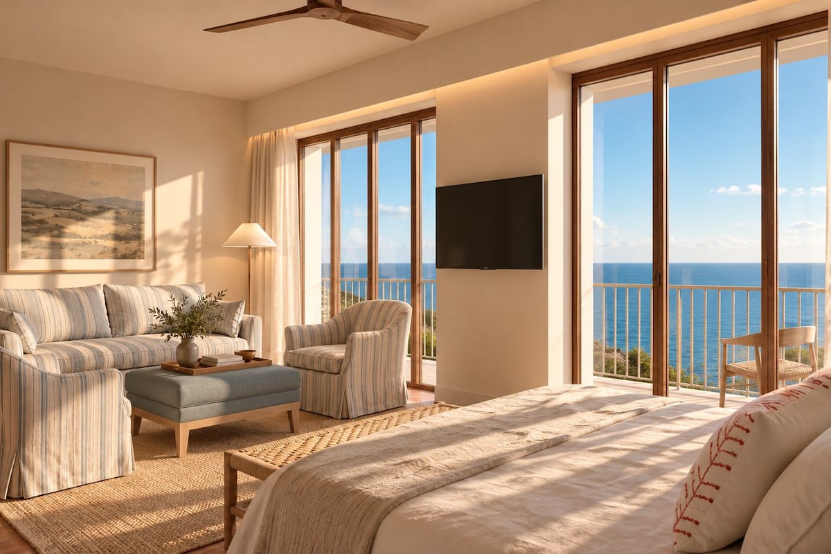 A bedroom with a large bed, a sofa, a chair, and a TV. There is a balcony with a view of the sea.