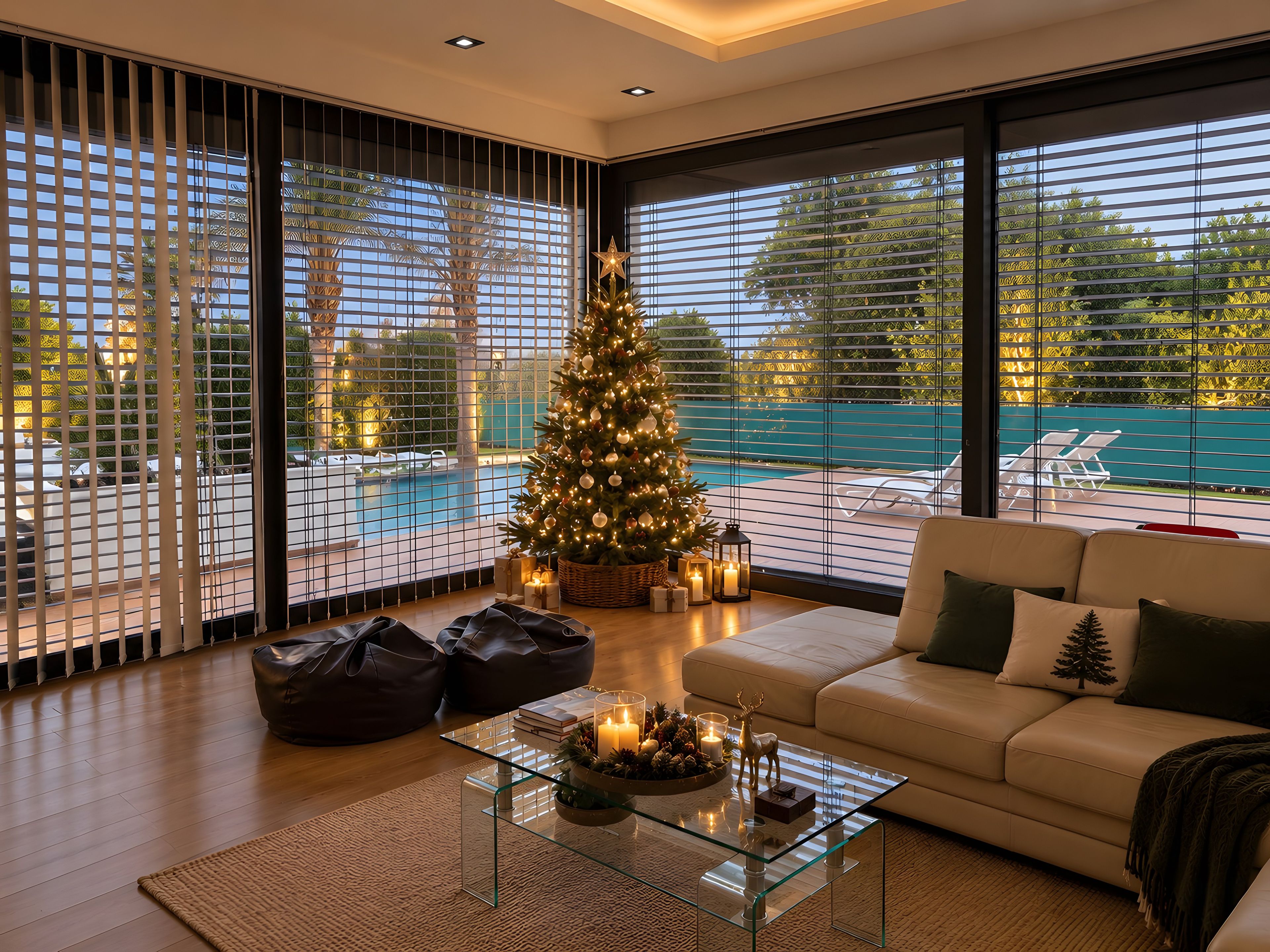 A modern living room with a glass coffee table, leather bean bag chairs, a Christmas tree, and a view of a swimming pool through large windows.