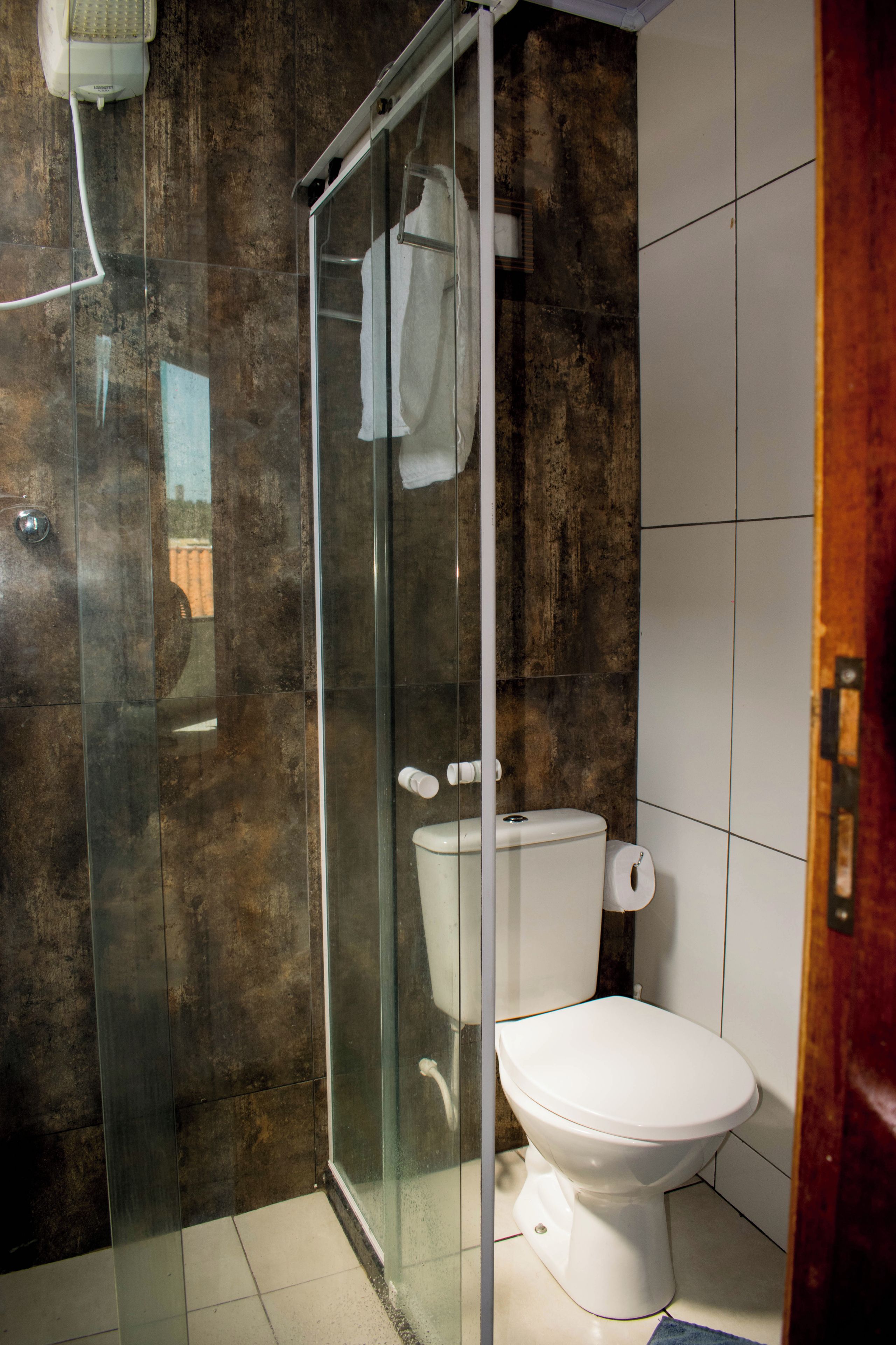 A bathroom with a glass shower enclosure, a toilet, and a towel hanging on the shower door.