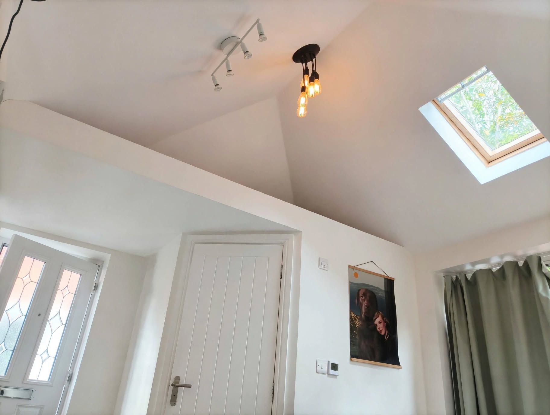 A room with a skylight, a ceiling light fixture, a door, and a framed picture on the wall.